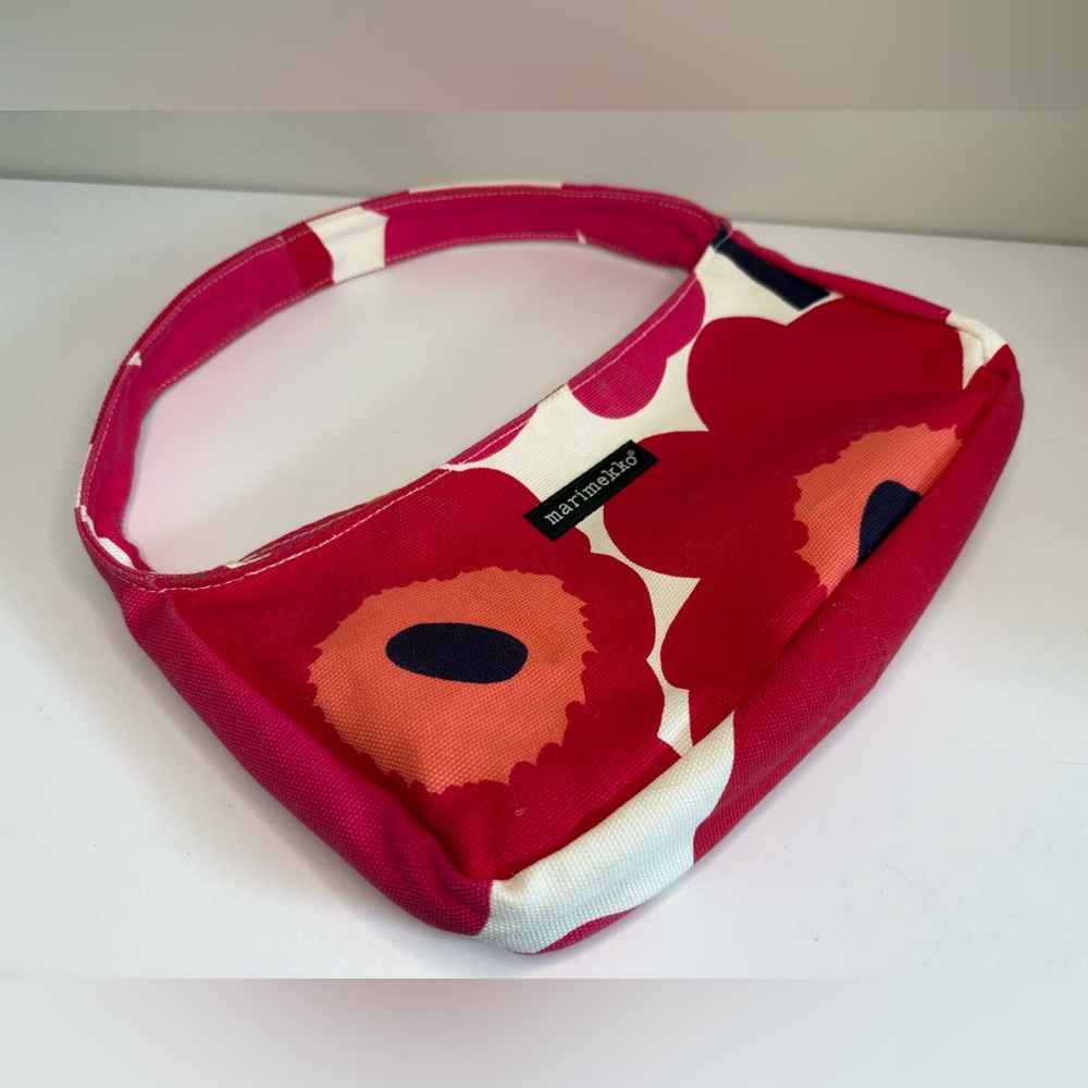 Rare Vintage Marimekko Red Poppy Unikko Canvas Mini Bag Hobo Finnish Made